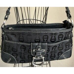 Etienne Aigner Black Signature Logo Leather Trim Shoulder Bag EUC